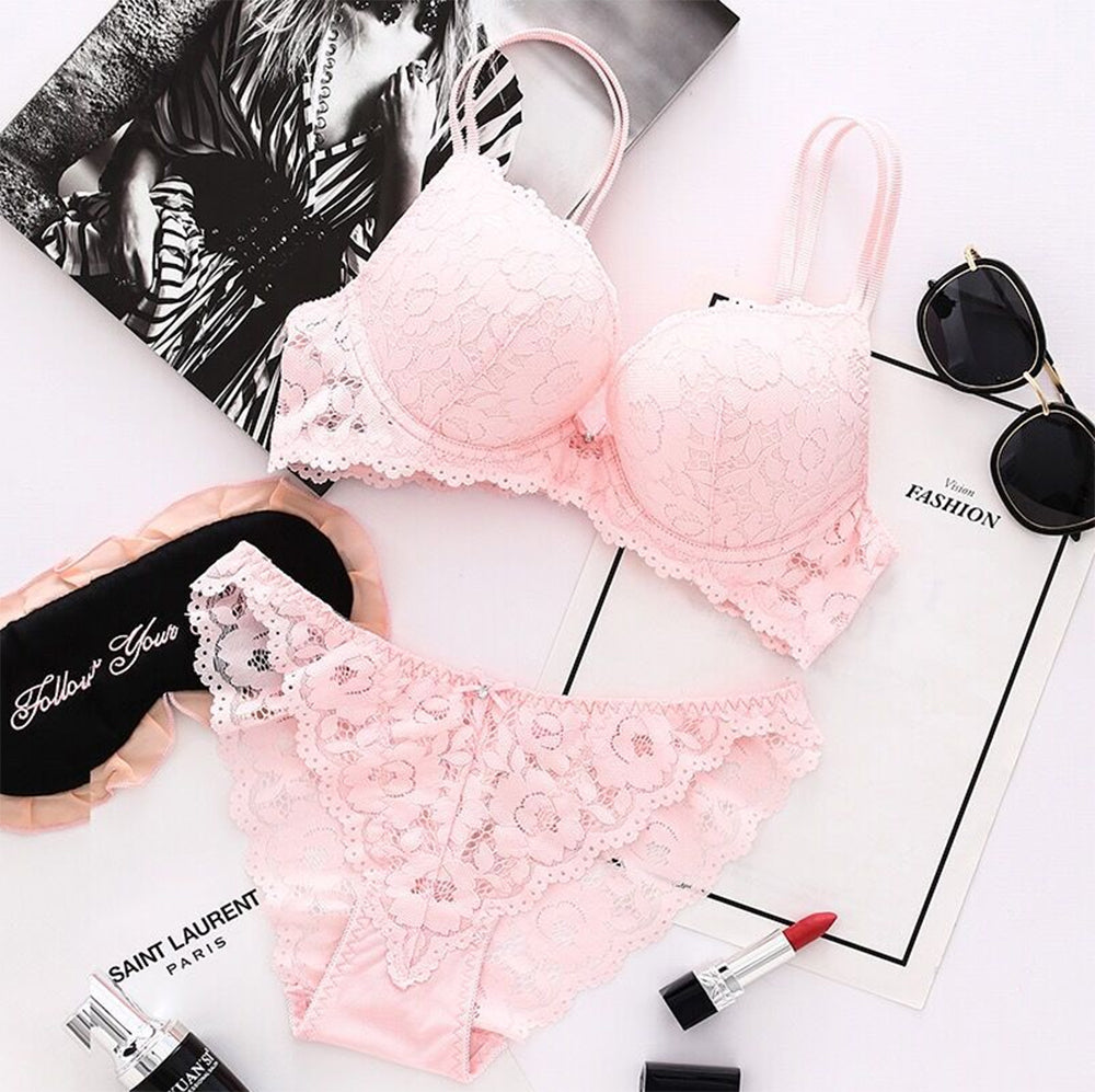 Flourish Elegant Lace Bra & Panty Set – Push Up & Double Padded Comfort with Floral Detailing (8855)